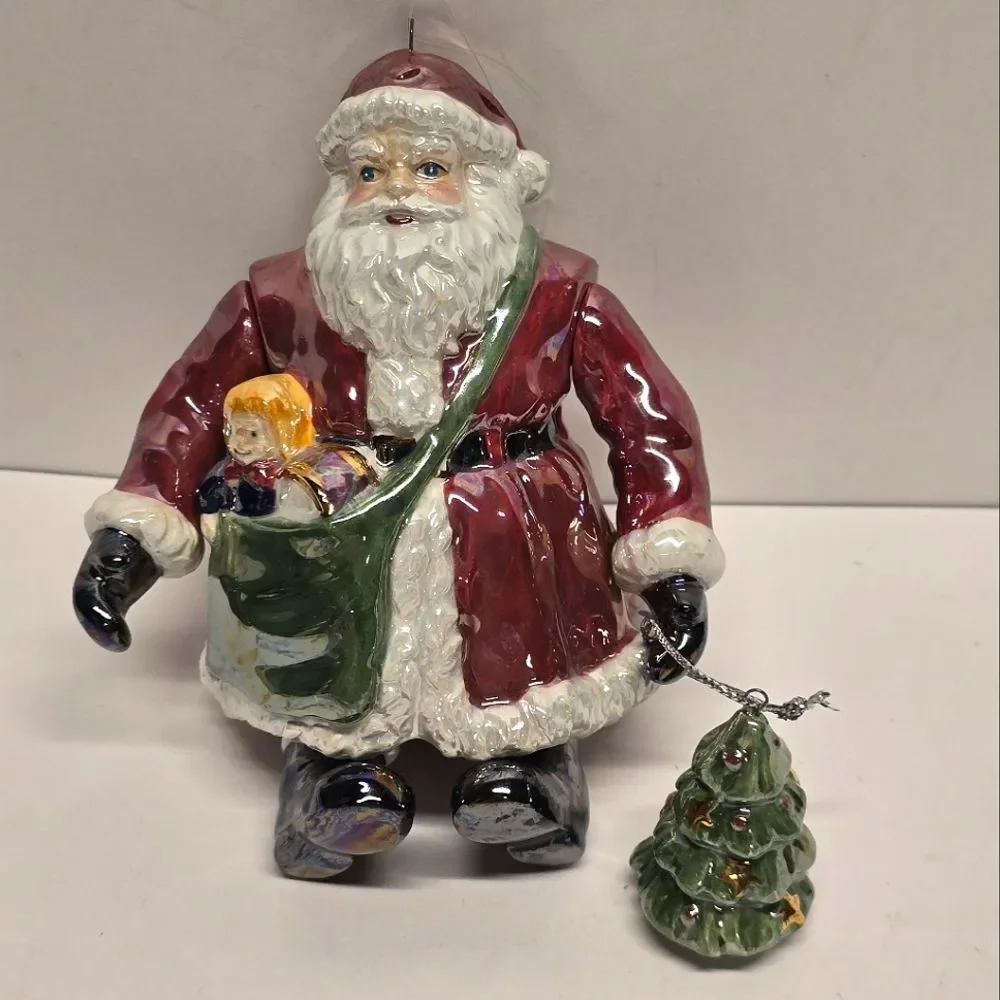 Vintage Dept 56 Ceramic Santa Christmas Ornament Jointed Iridescent Glaze